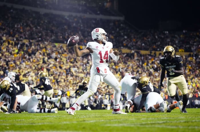 Oct 13, 2023; Boulder, Colorado, USA; Stanford Cardinal quarterback Ashton Daniels (14) prepares to pass in the third quarter against the Colorado Buffaloes at Folsom Field. Mandatory Credit: Ron Chenoy-USA TODAY Sports